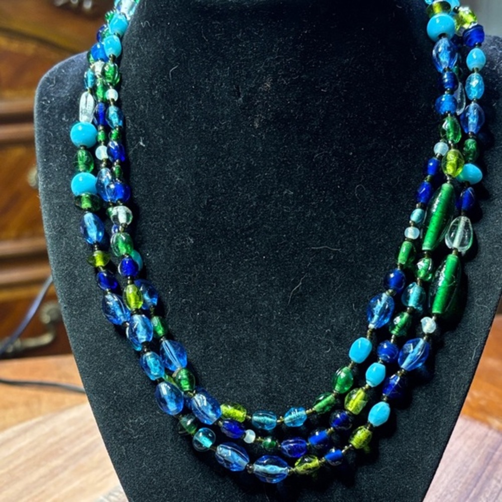 58" Blue and Green Beaded glass Necklace